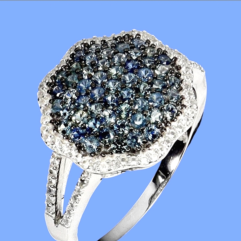 925 Sterling Silver Ring Sz 7 with Natural Blue Sapphire & White Topaz Gems - Picture 1 of 4